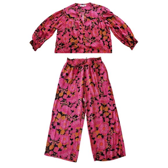 Rose & Olive Top and Pants Set Bright Magenta Floral Print Lightweight Size S - Picture 2 of 16